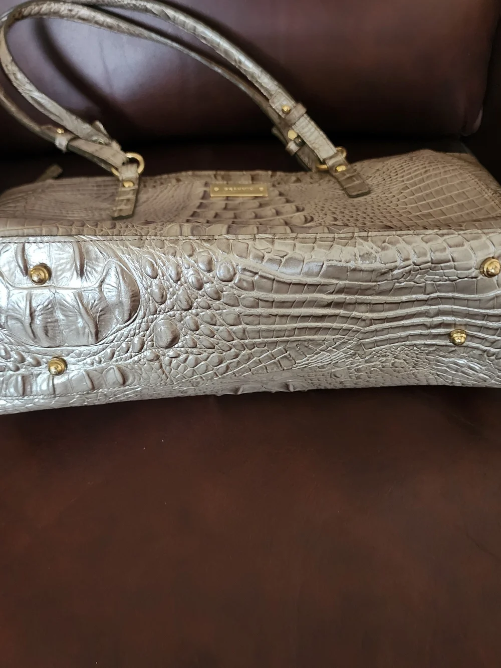 Leather tote bag, Brahmin Medium Asher, champagne/taupe croc-embossed